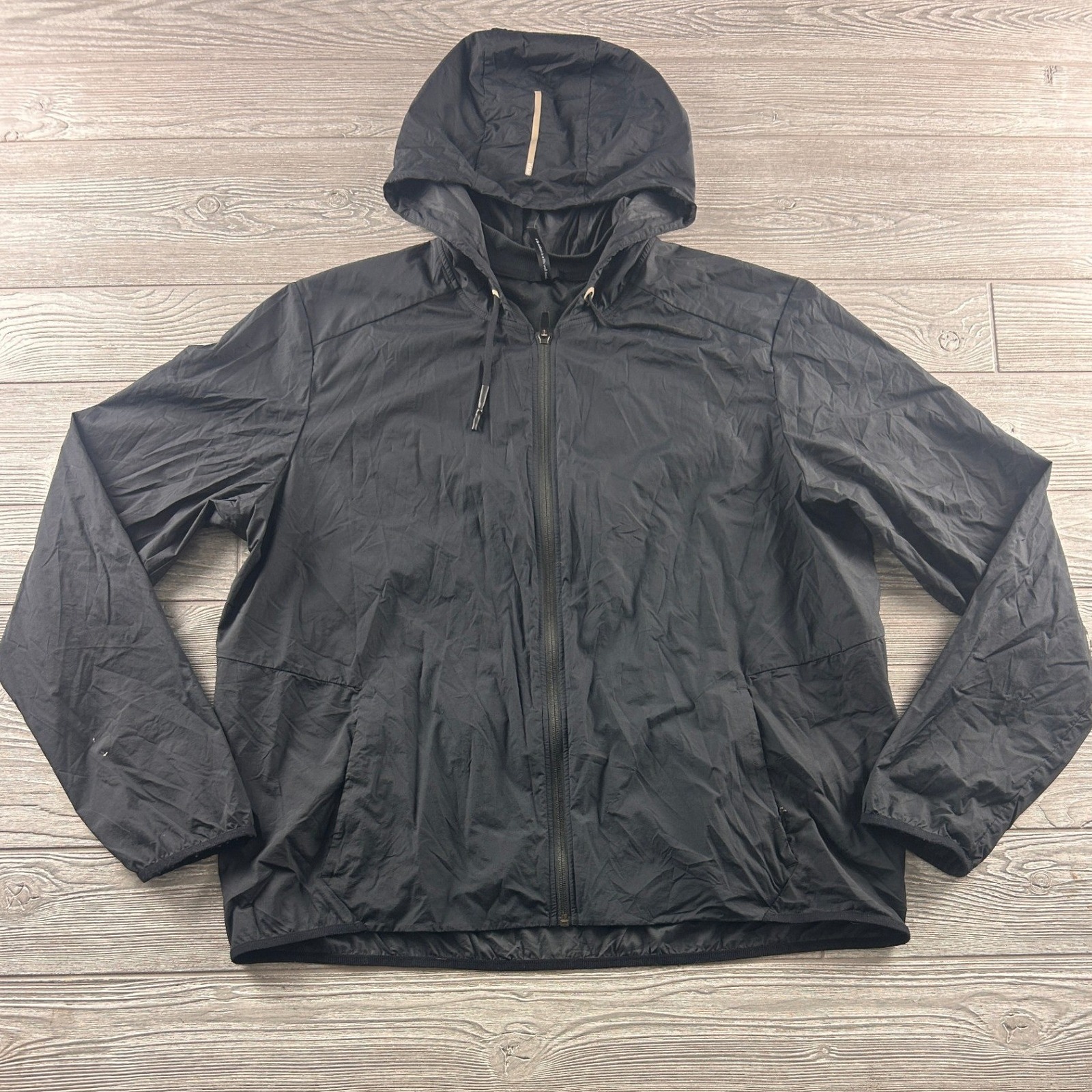 Rei Co-Op Mens Xl Black Lightweight Hooded Windbreaker Full Zip Jacket Vent